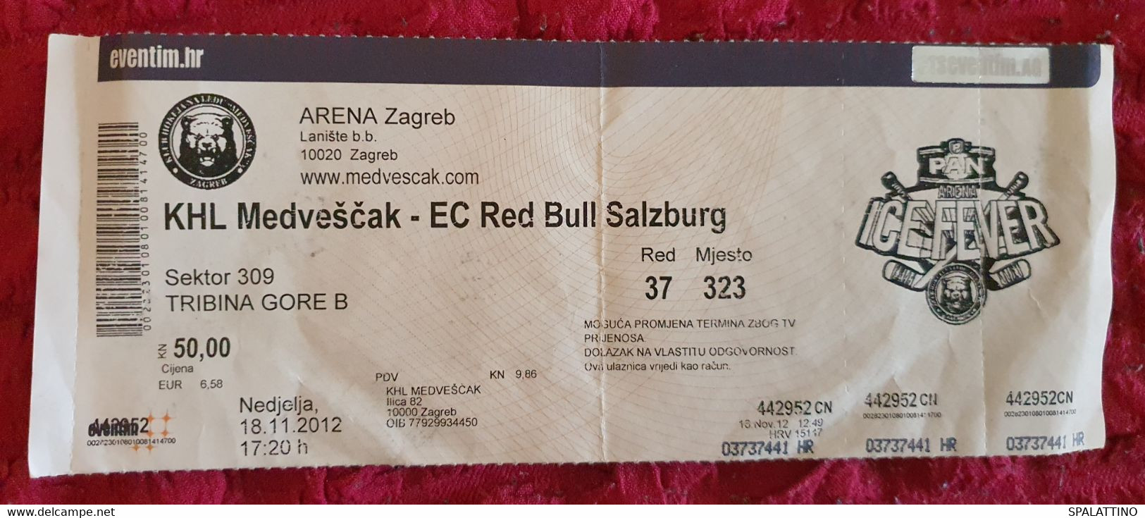 KHL MEDVEŠČAK- EC RED BULL SALZBURG, EBEL LEAGUE 2012. MATCH TICKET - Uniformes Recordatorios & Misc