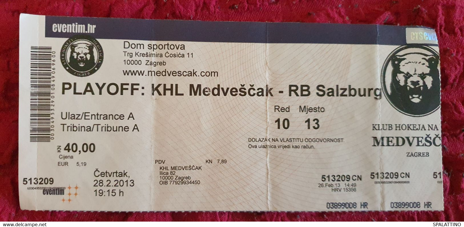 KHL MEDVEŠČAK- EC RED BULL SALZBURG, EBEL LEAGUE, PLAYOFF 2013. MATCH TICKET - Abbigliamento, Souvenirs & Varie