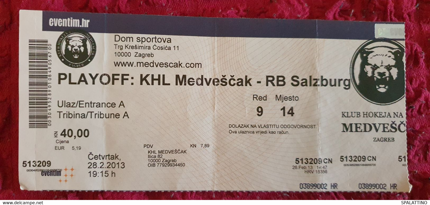 KHL MEDVEŠČAK- EC RED BULL SALZBURG, EBEL LEAGUE, PLAYOFF 2013. MATCH TICKET - Uniformes Recordatorios & Misc