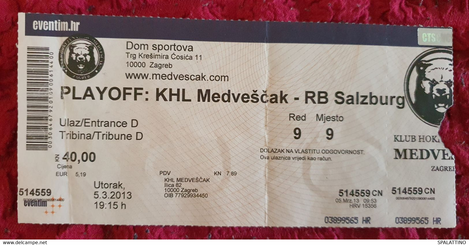 KHL MEDVEŠČAK- EC RED BULL SALZBURG, EBEL LEAGUE, PLAYOFF 2013. MATCH TICKET - Abbigliamento, Souvenirs & Varie