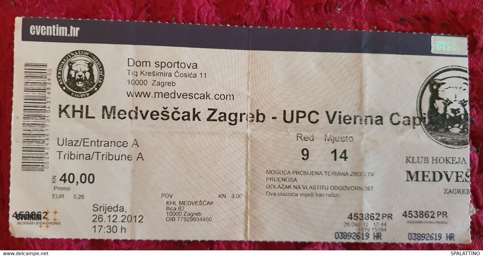 KHL MEDVEŠČAK- UPC VIENNA CAPITALS, EBEL LEAGUE, 2012. MATCH TICKET - Bekleidung, Souvenirs Und Sonstige