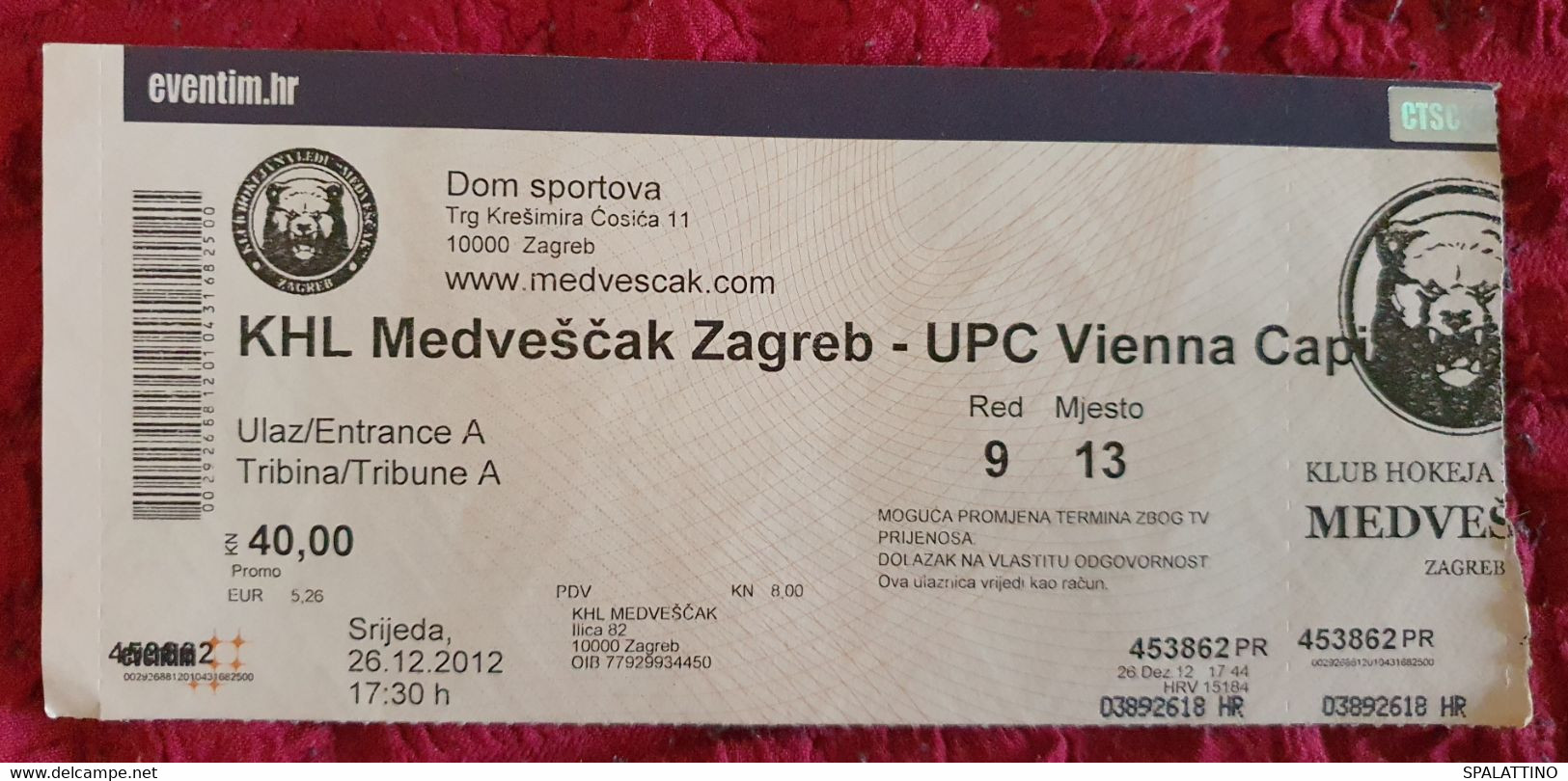 KHL MEDVEŠČAK- UPC VIENNA CAPITALS, EBEL LEAGUE, 2012. MATCH TICKET - Bekleidung, Souvenirs Und Sonstige