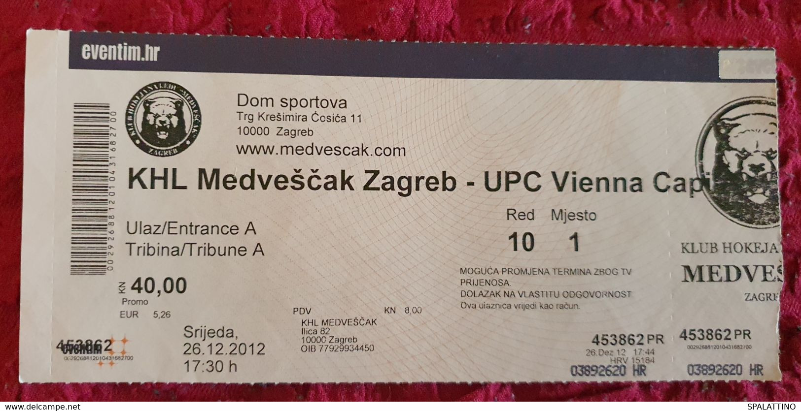 KHL MEDVEŠČAK- UPC VIENNA CAPITALS, EBEL LEAGUE, 2012. MATCH TICKET - Bekleidung, Souvenirs Und Sonstige