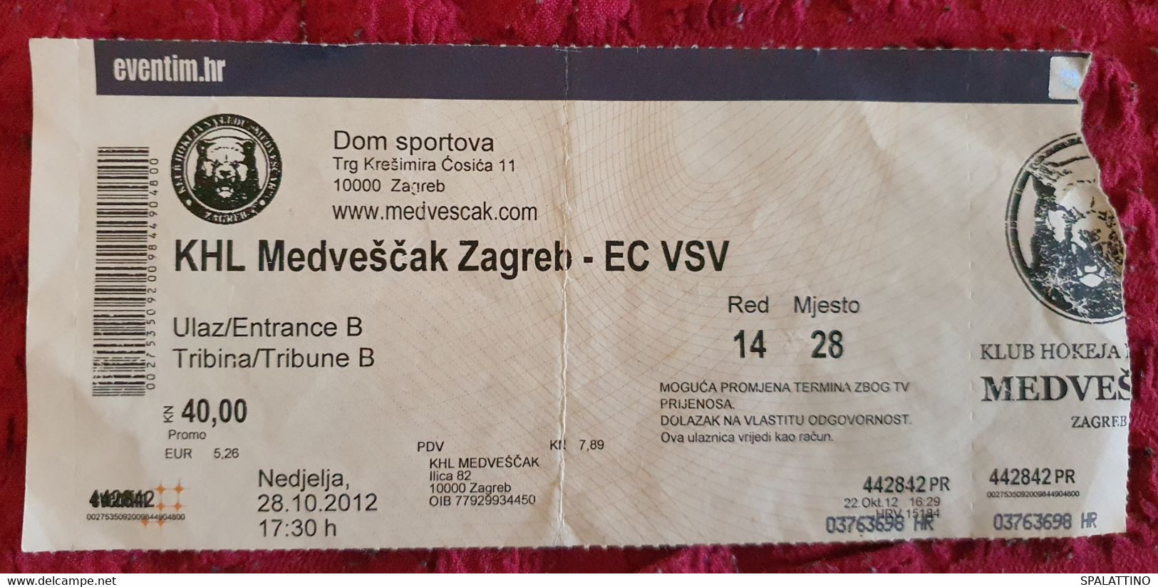 KHL MEDVEŠČAK- EC VSV VILLACH, EBEL LEAGUE, 2012. MATCH TICKET - Bekleidung, Souvenirs Und Sonstige