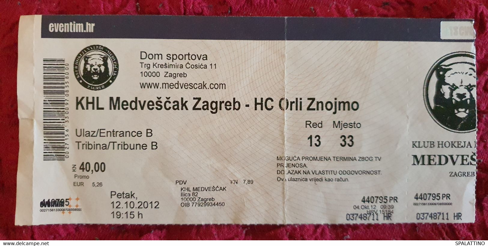 KHL MEDVEŠČAK- HC ORLI ZNOJMO, EBEL LEAGUE, 2012. MATCH TICKET - Abbigliamento, Souvenirs & Varie