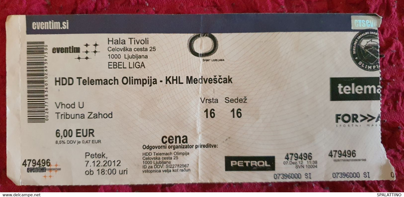 HDD TELEMACH OLIMPIJA- KHL MEDVEŠČAK, EBEL LEAGUE 2012. MATCH TICKET - Kleding, Souvenirs & Andere