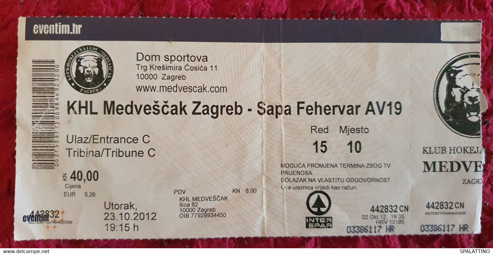 KHL MEDVEŠČAK- SAPA FEHERVAR AV19, EBEL LEAGUE, 2012. MATCH TICKET - Apparel, Souvenirs & Other