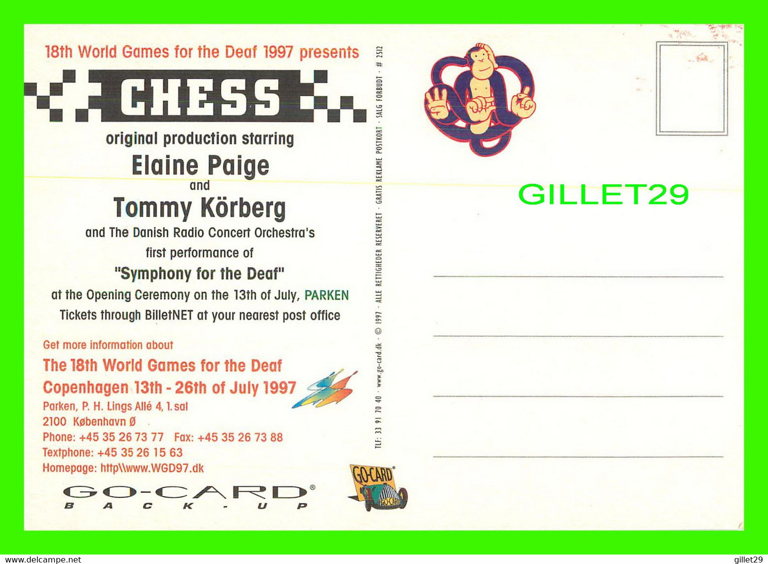 ADVERTISING, MUSIC - 18th WORLD GAMES FOR THE DEAF 1997 PRESENTS CHESS - GO-CARD 1997 No 2512 - - Music And Musicians