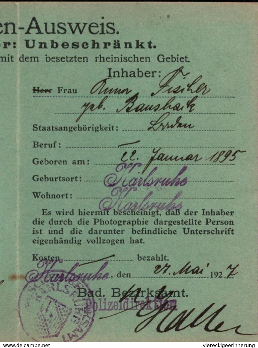 ! 1927 Personenausweis Personalausweis, Karlsruhe, Rheinlandbesetzung, Passport, Passeport - Documents Historiques