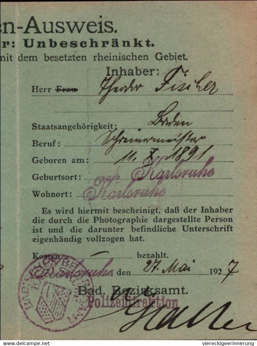 ! 1927 Personenausweis Personalausweis, Karlsruhe, Rheinlandbesetzung, Passport, PASSEPORT - Brieven En Documenten