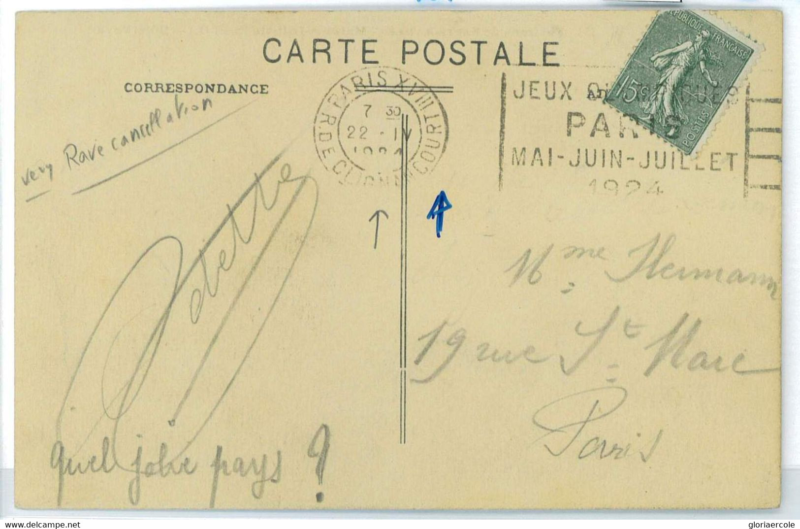 BK1920 - FRANCE - POSTAL HISTORY - 1924 Olympic Games  POSTMARK - Rue De Clignancourt - Summer 1924: Paris