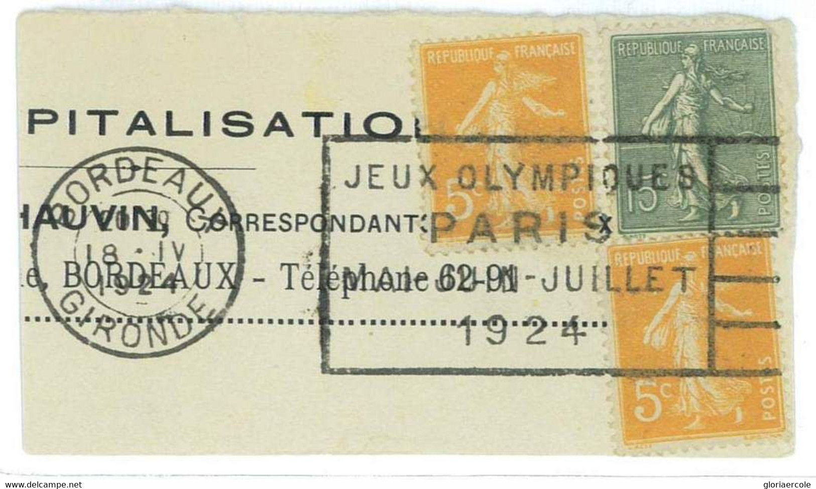 BK1928 - FRANCE - POSTAL HISTORY - 1924 Olympic Games  POSTMARK - BORDEAUX - Summer 1924: Paris