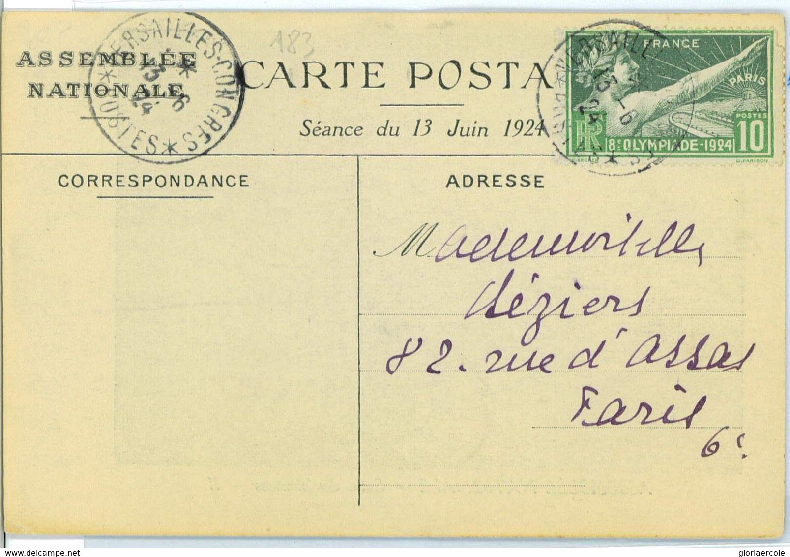 BK1931 - FRANCE - POSTAL HISTORY - 13.06.1924 Olympic Games 10 Francs On CARD - Ete 1924: Paris