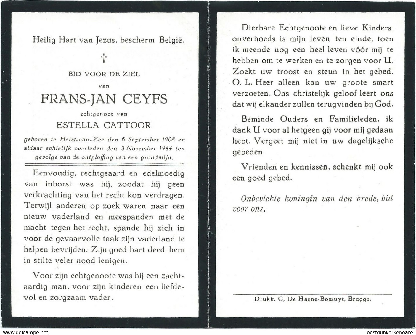 Doodsprentje CEYFS Frans-Jan: ° Heist, 1908, + Heist, 3 November 1944. Echtgenoot CATTOOR. Grondmijn. - Religion & Esotericism