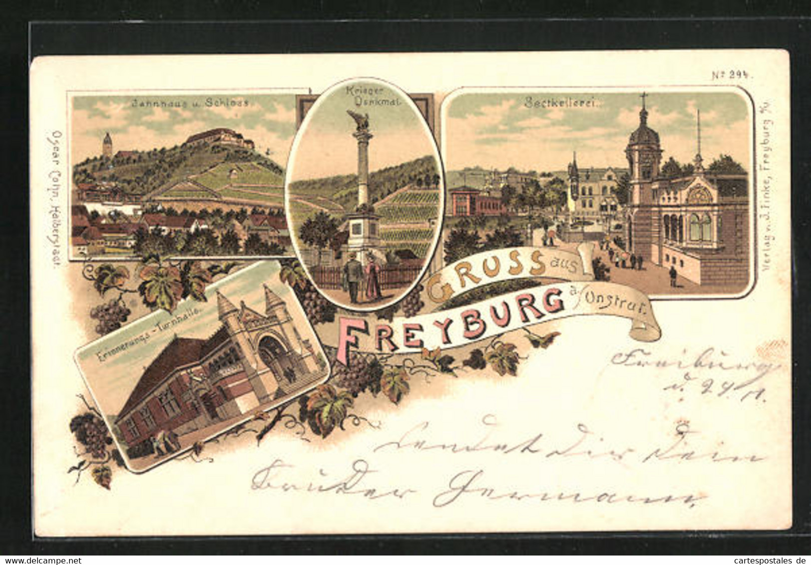 Lithographie Freyburg / Unstrut, Sectkellerei, Jahnhaus U. Schloss, Erinnerungs-Turnhalle - Freyburg A. D. Unstrut