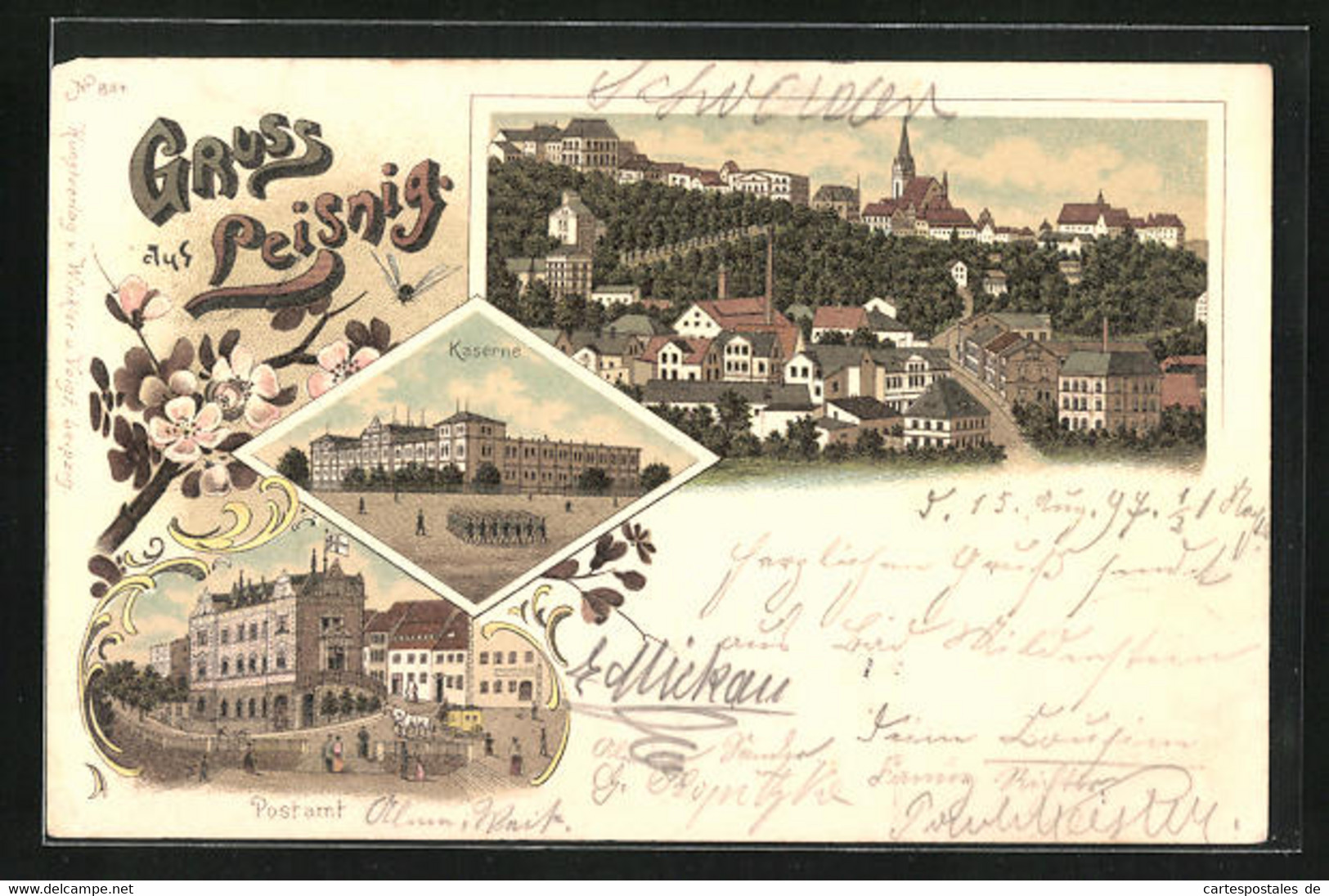 Lithographie Leisnig, Kaserne Mit Soldaten, Postamt, Totaleansicht Vom Ort - Leisnig