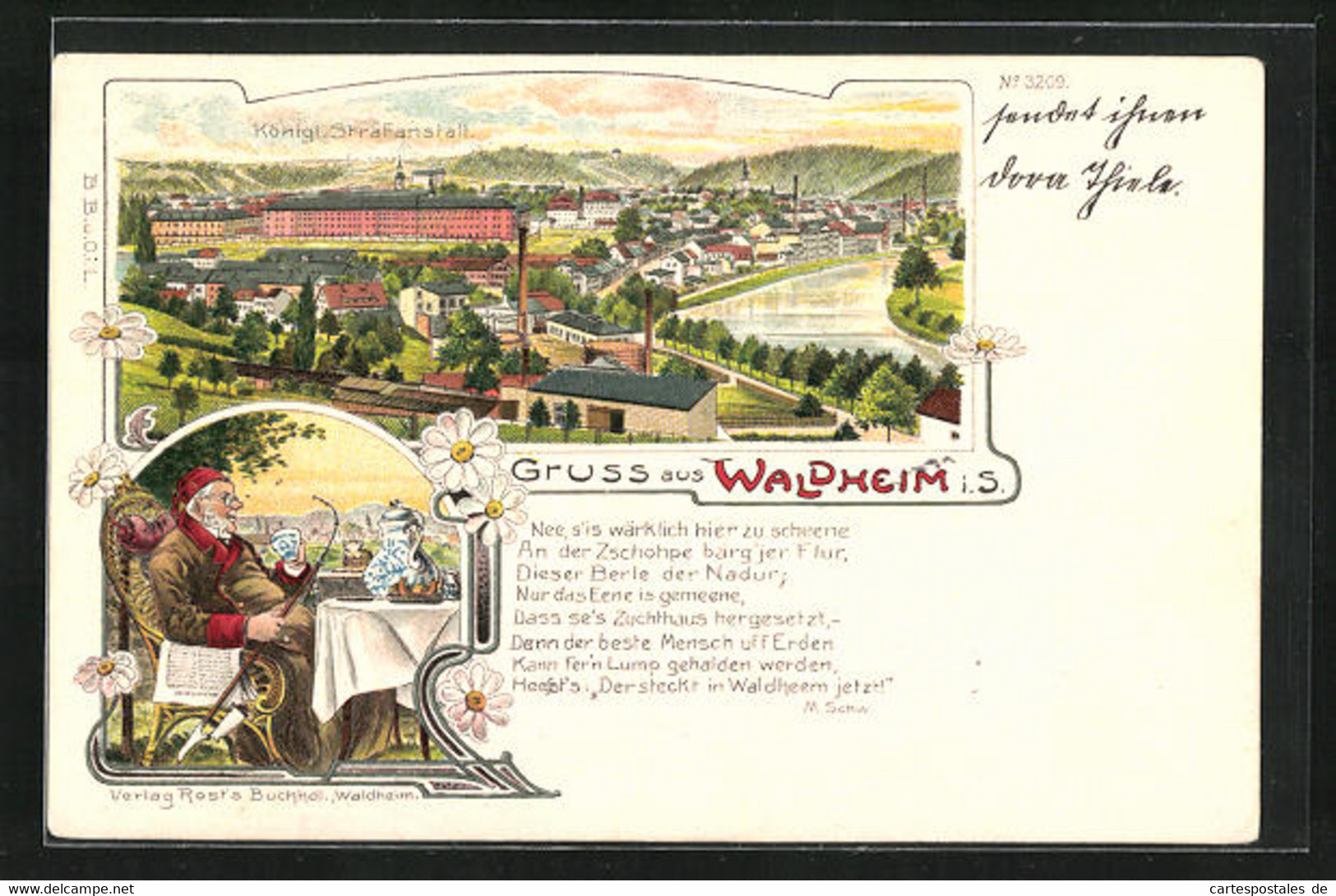 Lithographie Waldheim I. S., Gelehrter Beim Kaffee Trinken, Königliche Strafanstalt - Waldheim