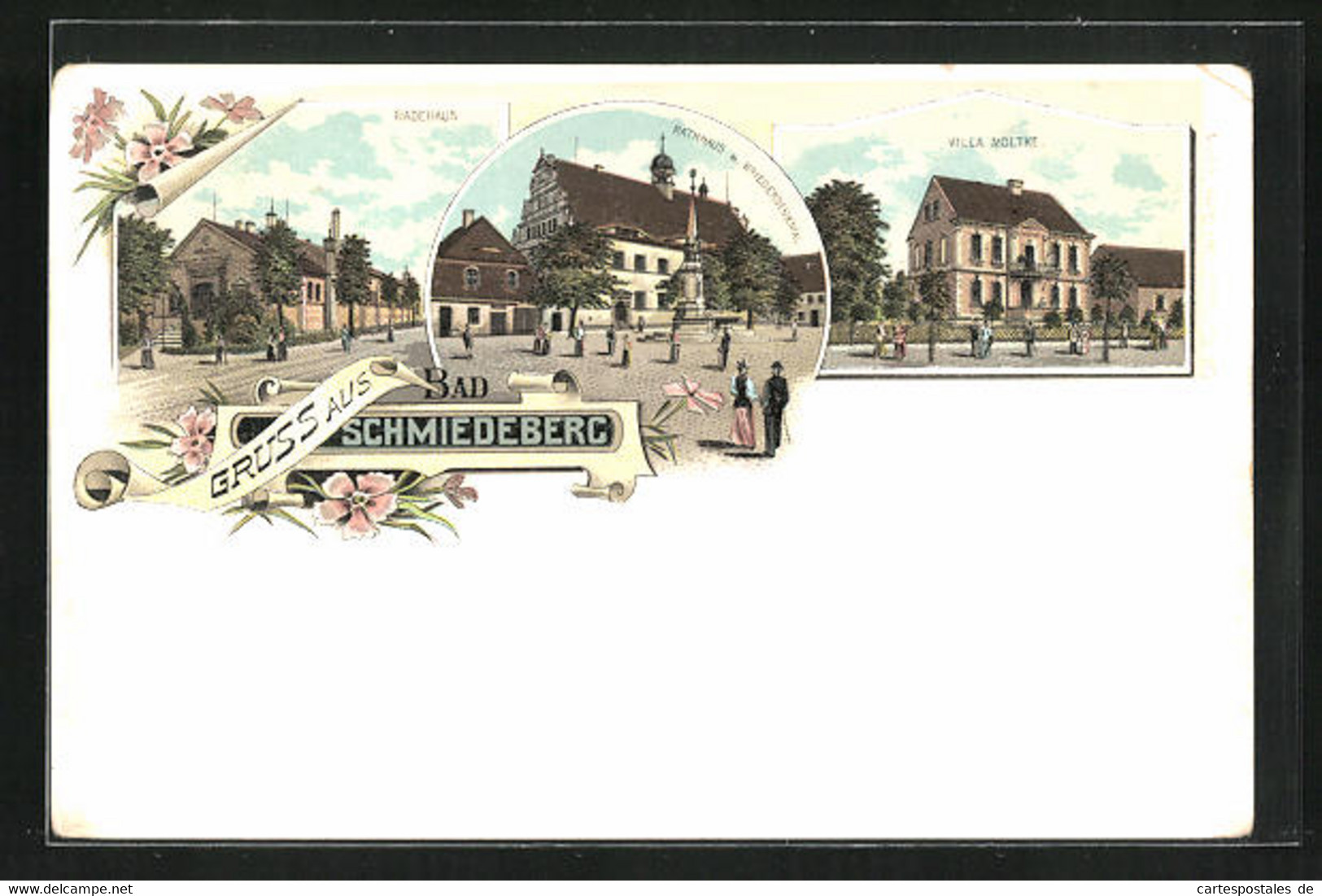 Lithographie Bad Schmiedeberg, Gasthaus Villa Moltke, Badehaus, Rathaus U. Kriegerdenkmal - Bad Schmiedeberg