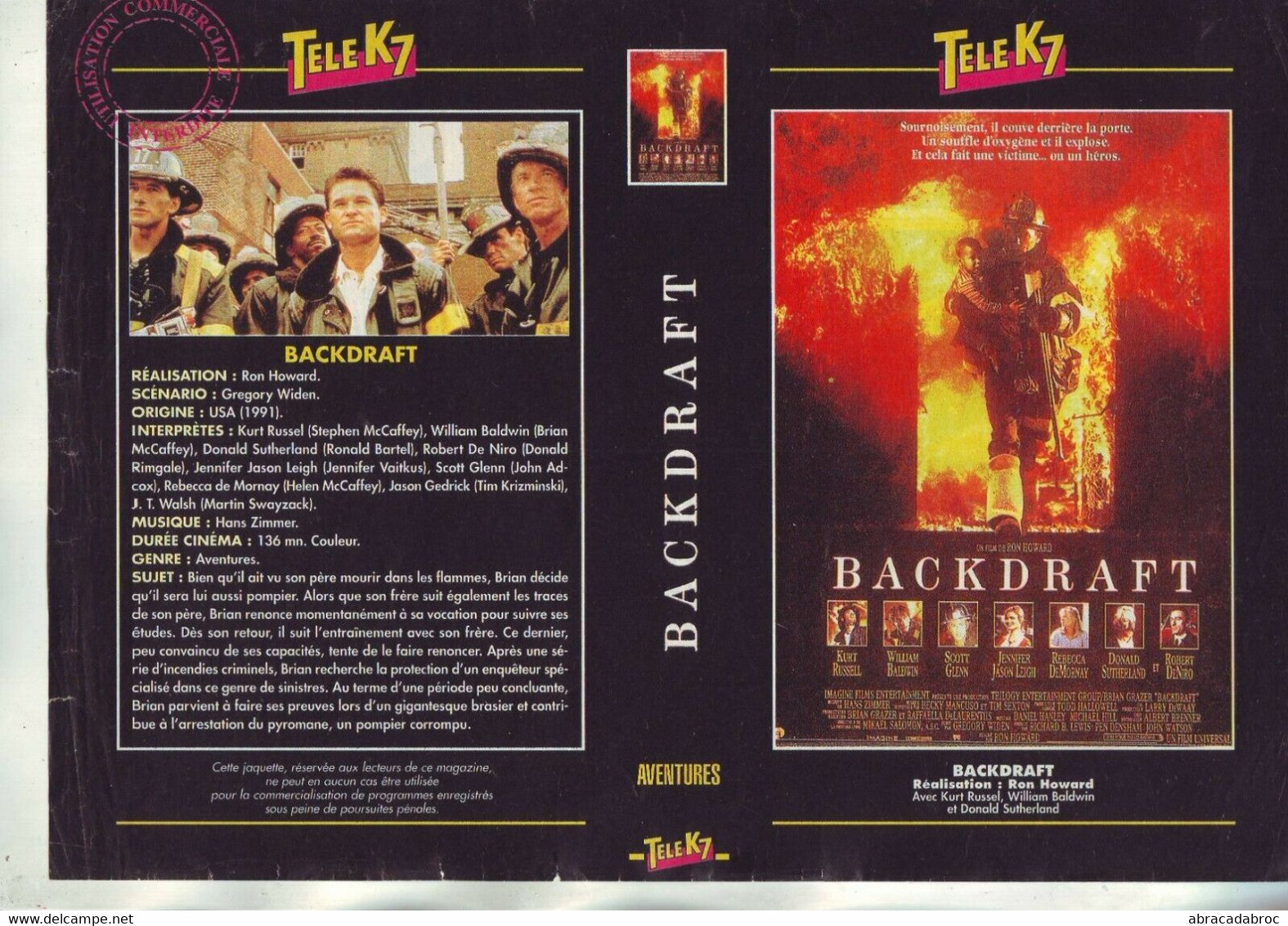 Jaquette Pour Boitier Video K7 Ou Recoupe Dvd Backdraft - De Ron Howard - Altri & Non Classificati