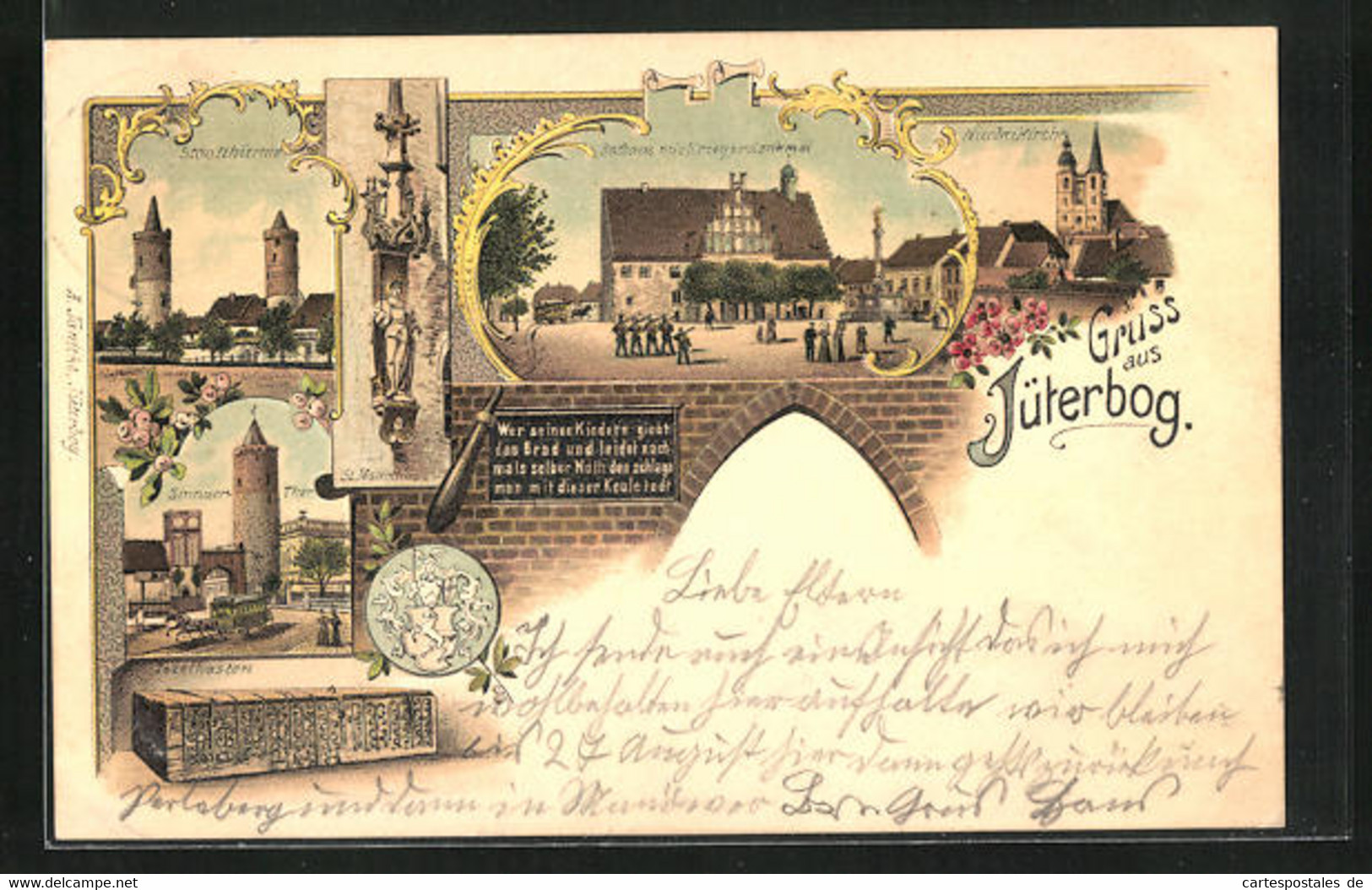 Lithographie Jüterbog, Rathaus Mit Kriegerdenkmal Und Nicolaikirche - Jueterbog