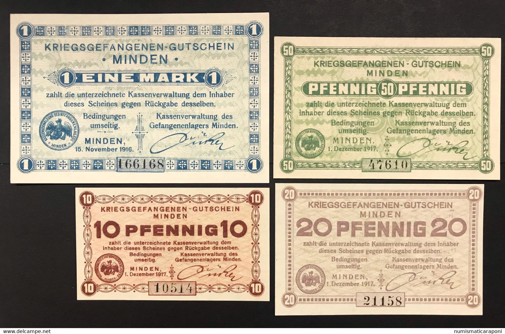 Germania Germany Camp Lager 1 Eine Mark Minden 1916 + 10 20 50 Pfennig 1917 Pow LOTTO 1879 - 5 Mark