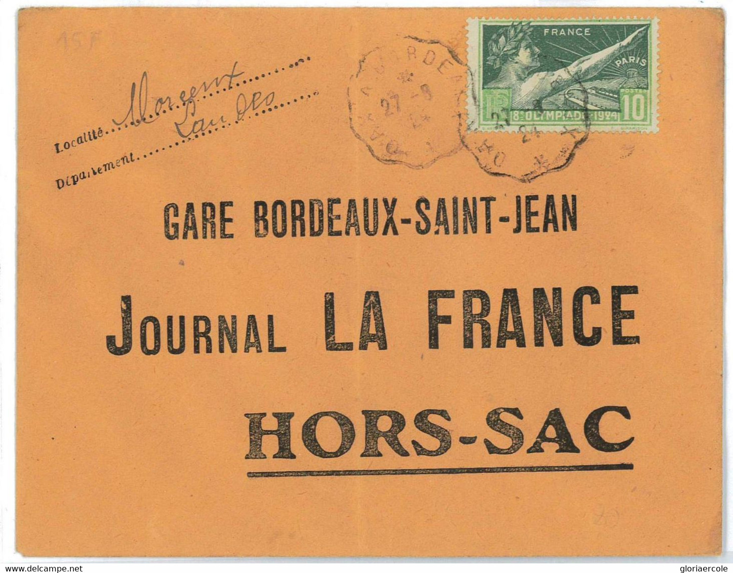 BK1944 - FRANCE - POSTAL HISTORY -  1924 Olympic Games 10 Francs On COVER - Estate 1924: Paris