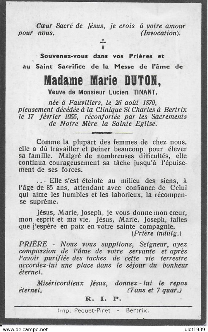 GC . FAUVILLERS ..-- Mme Marie DUTON , Veuve De Mr Lucien TINANT , Née En 1870 , Décédée En 1955 à BERTRIX . - Fauvillers