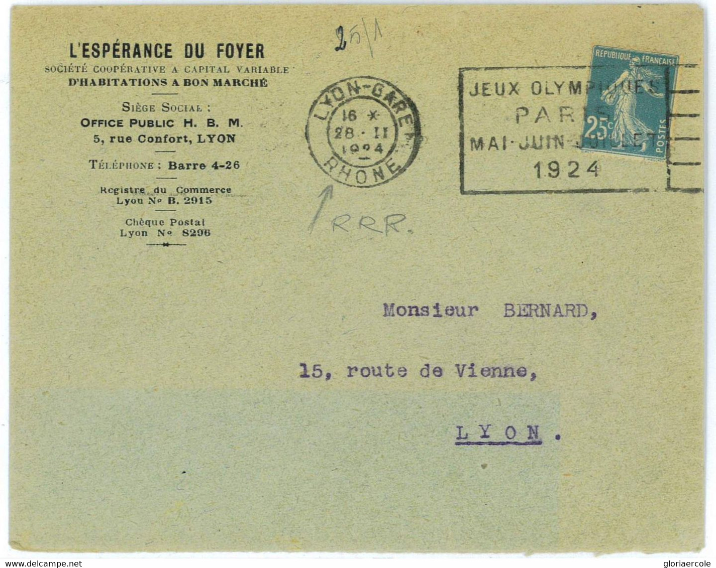 BK1946 - FRANCE - POSTAL HISTORY - 1924 Olympic Games POSTMARK - LYON - Verano 1924: Paris