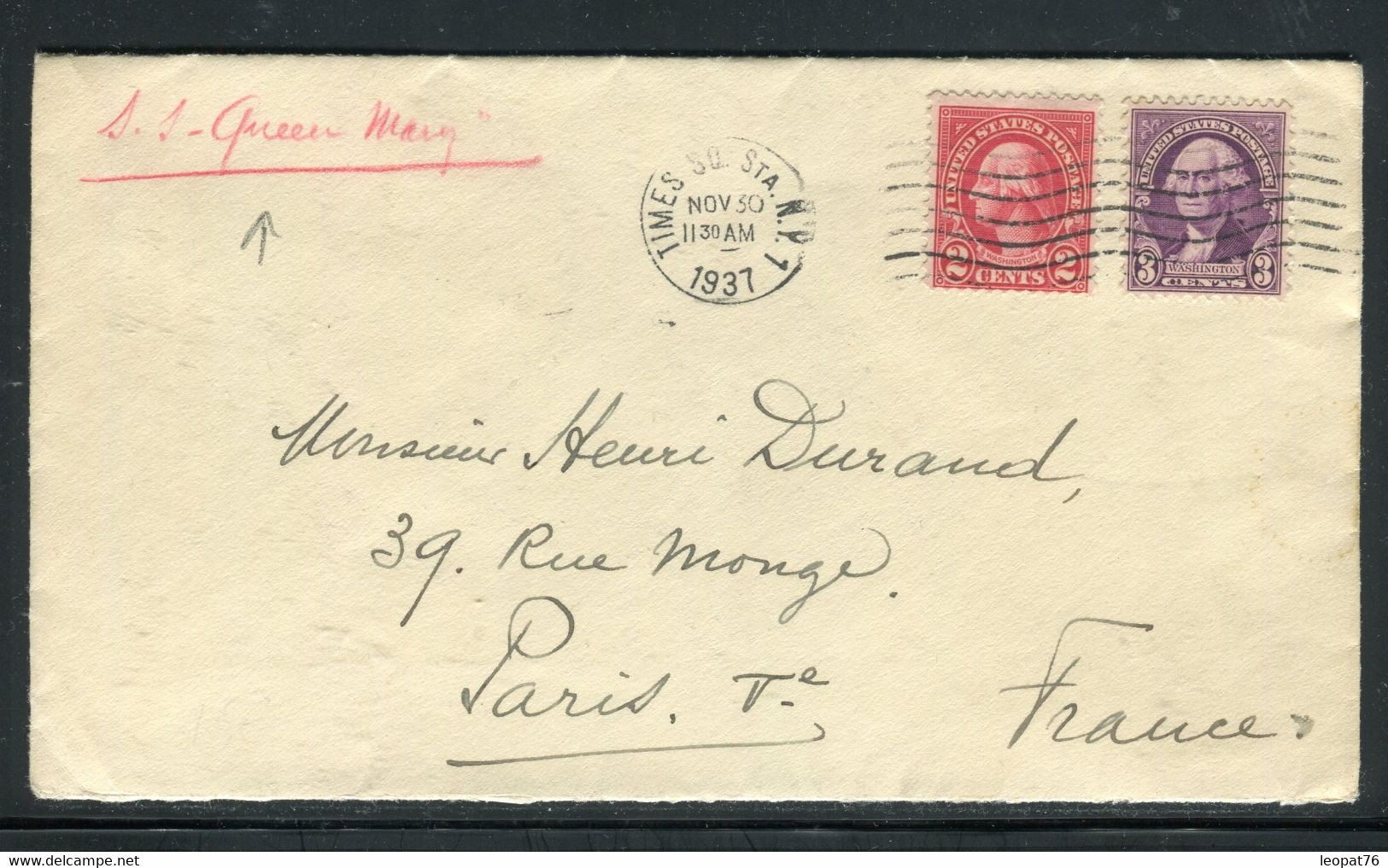 USA - Enveloppe De New York Pour Paris En 1937 Par Le S/S Queen Mary - Réf M 77 - Covers & Documents