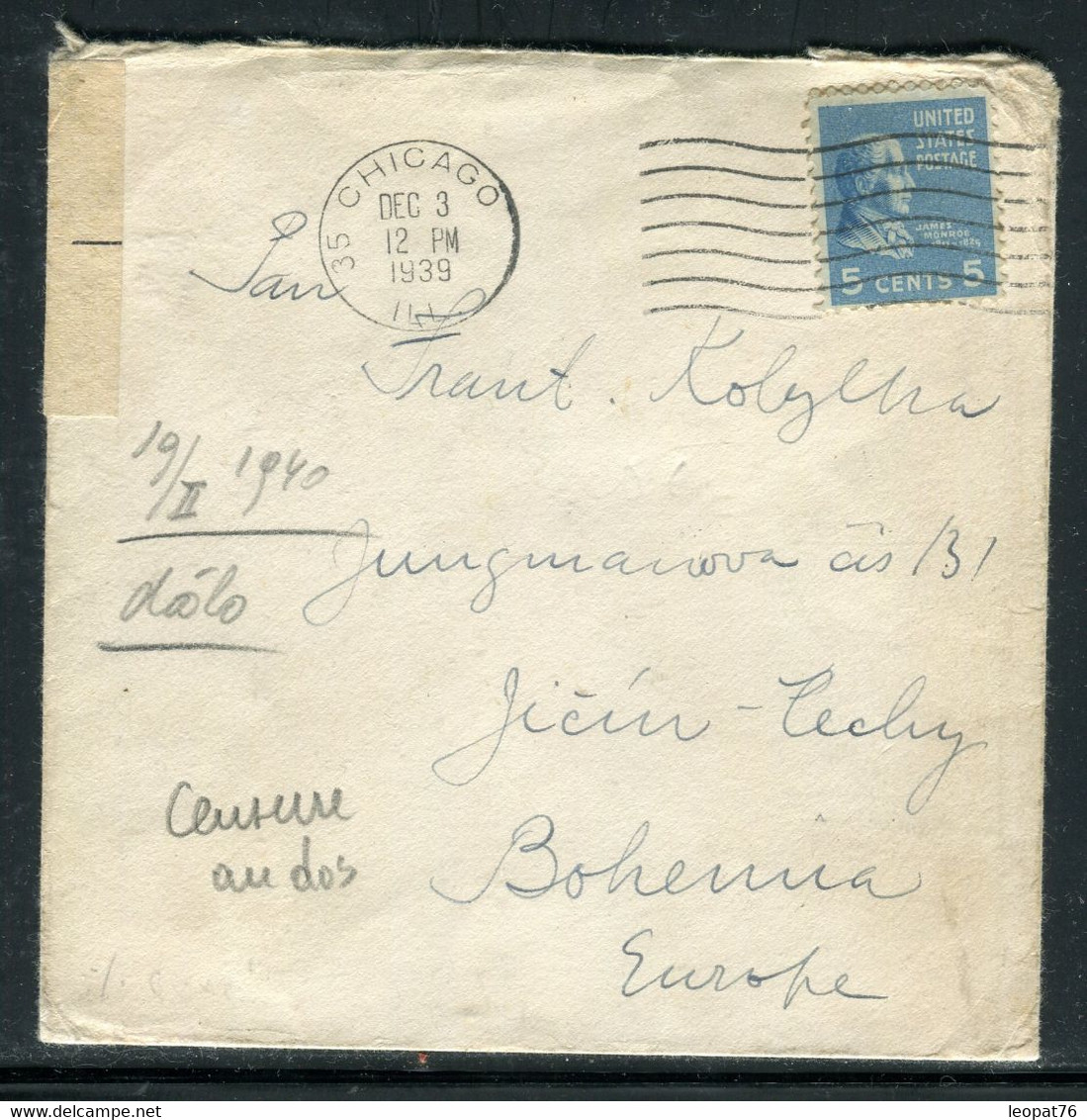 USA - Enveloppe De Chicago Pour La Bohême / Moravie En 1939 Avec Contrôle Postal - M 78 - Brieven En Documenten