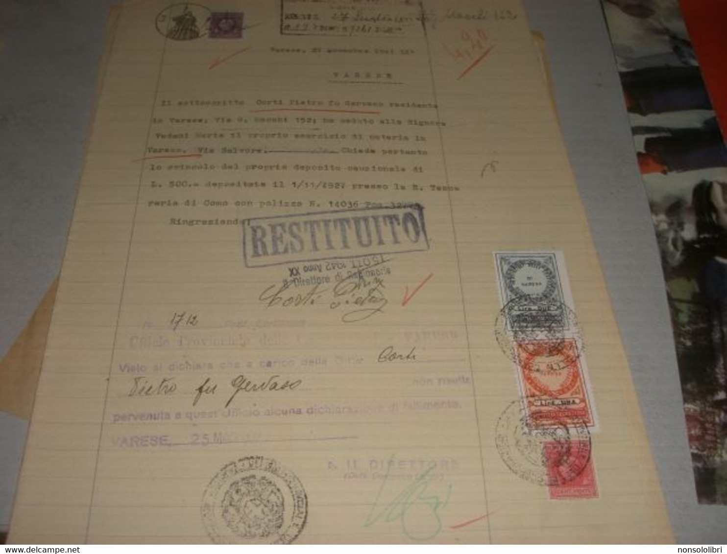 DOCUMENTO CON MARCA DA BOLLO MUNICIPALE VARESE 1942 - Historical Documents