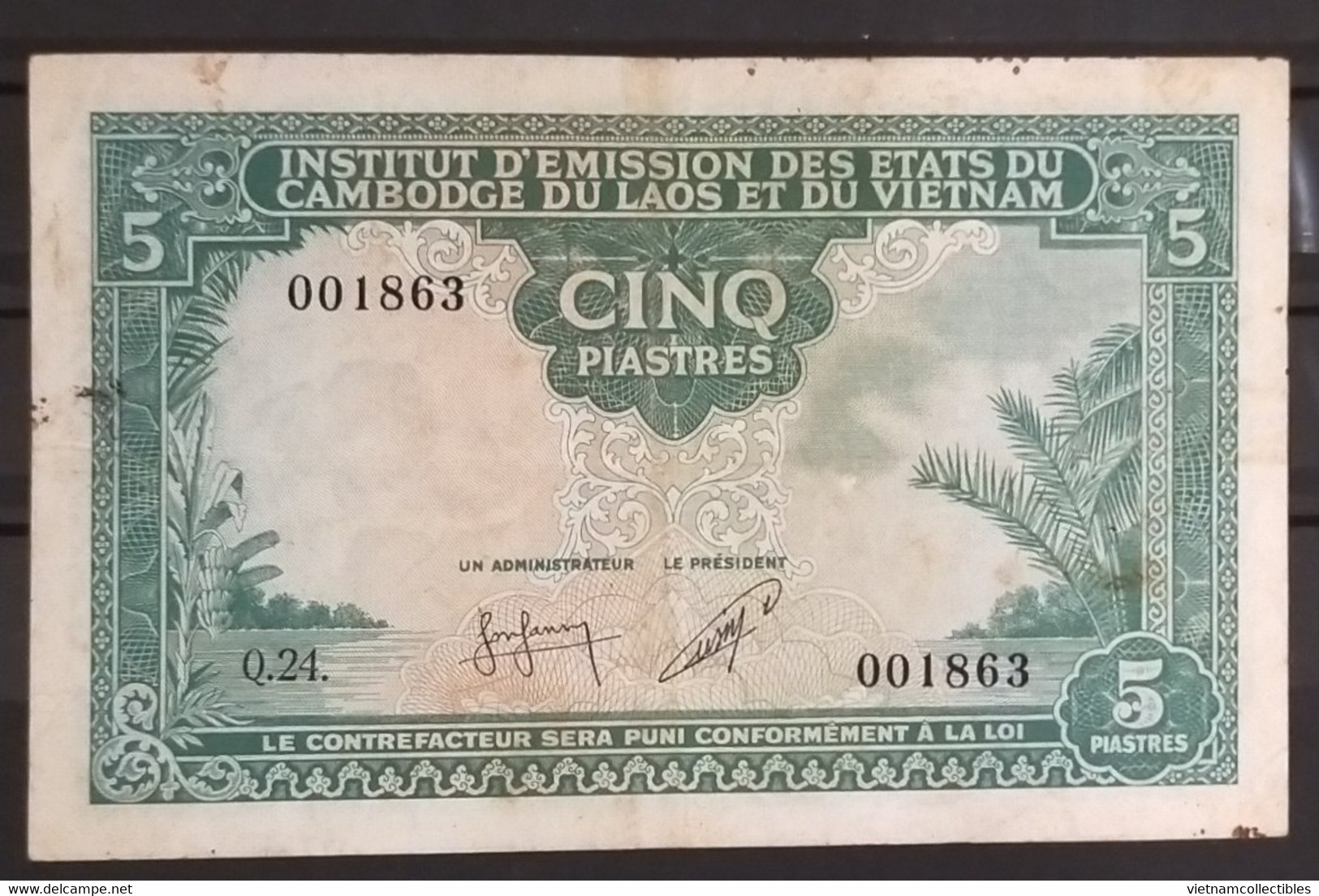 Indochina Indochine Vietnam Viet Nam Laos Cambodia 5 Piastres VF Banknote Note / Billet 1953 - Pick # 95 / 02 Photo - Indochina