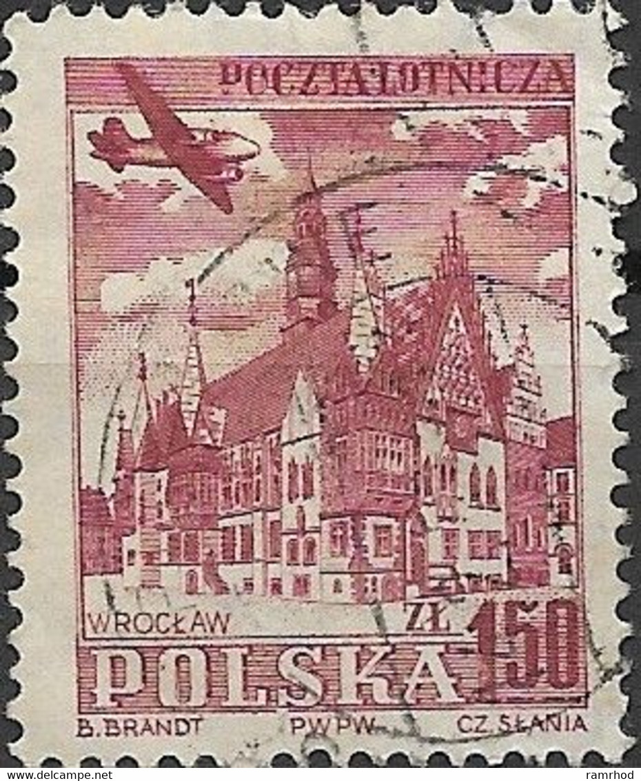 POLAND 1954 Air.  Ilyushin Il-12 Aeroplane Over - 1z.50, Town Hall, Wroclaw FU - Used Stamps