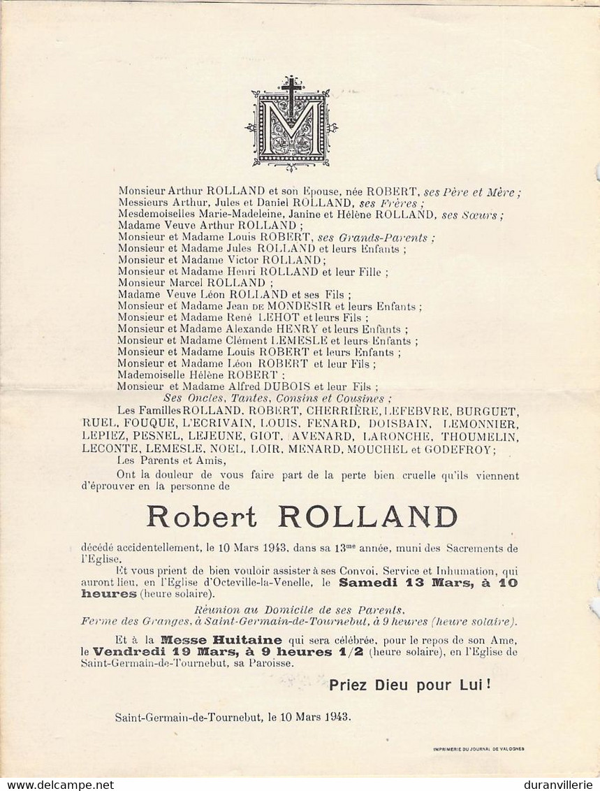 Faire-part Décès Mr Robert ROLLAND Décédé Ferme Des Granges St GERMAIN De TOURNEBUT Mars 1943 - Obituary Notices