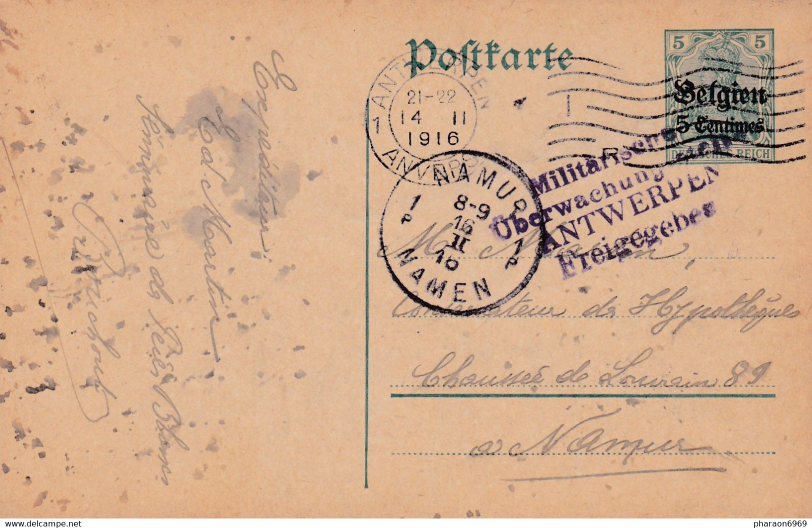 Carte Entier Postal Antwerpen à Namur Cachet Censure Militaire Antwerpen - German Occupation