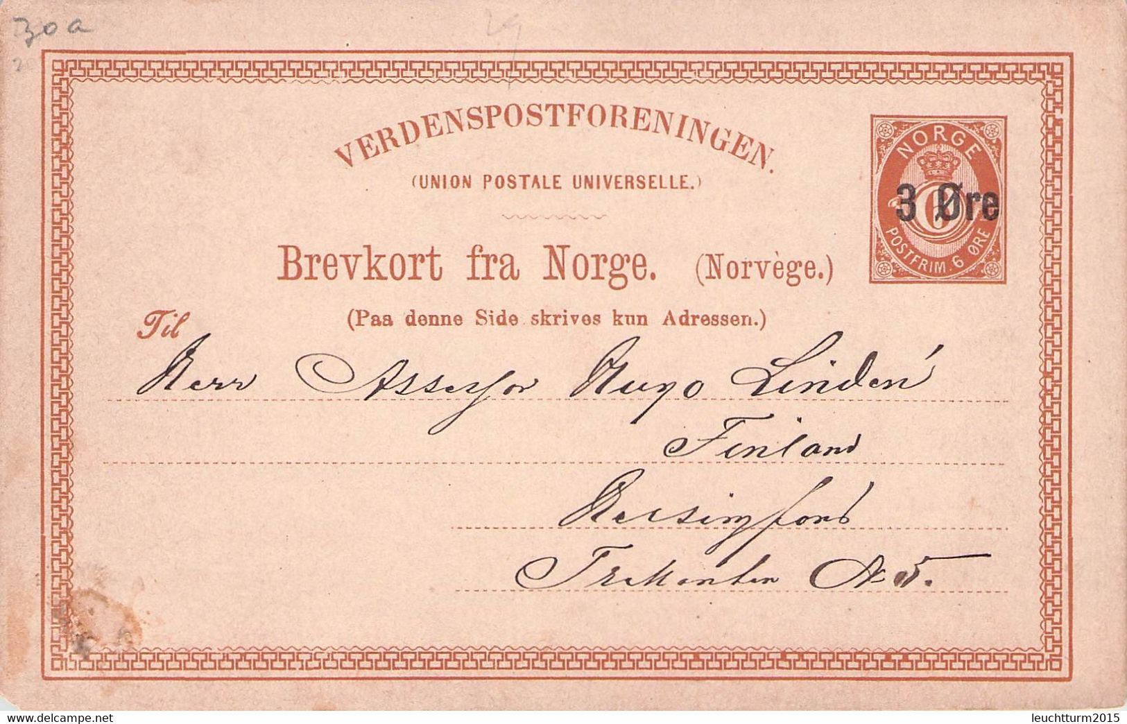 NORWAY - BREV-KORT 3 ÖRE On 6 Ö 1888 > HELSINGFORS Mi #P30 /QF209 - Postwaardestukken