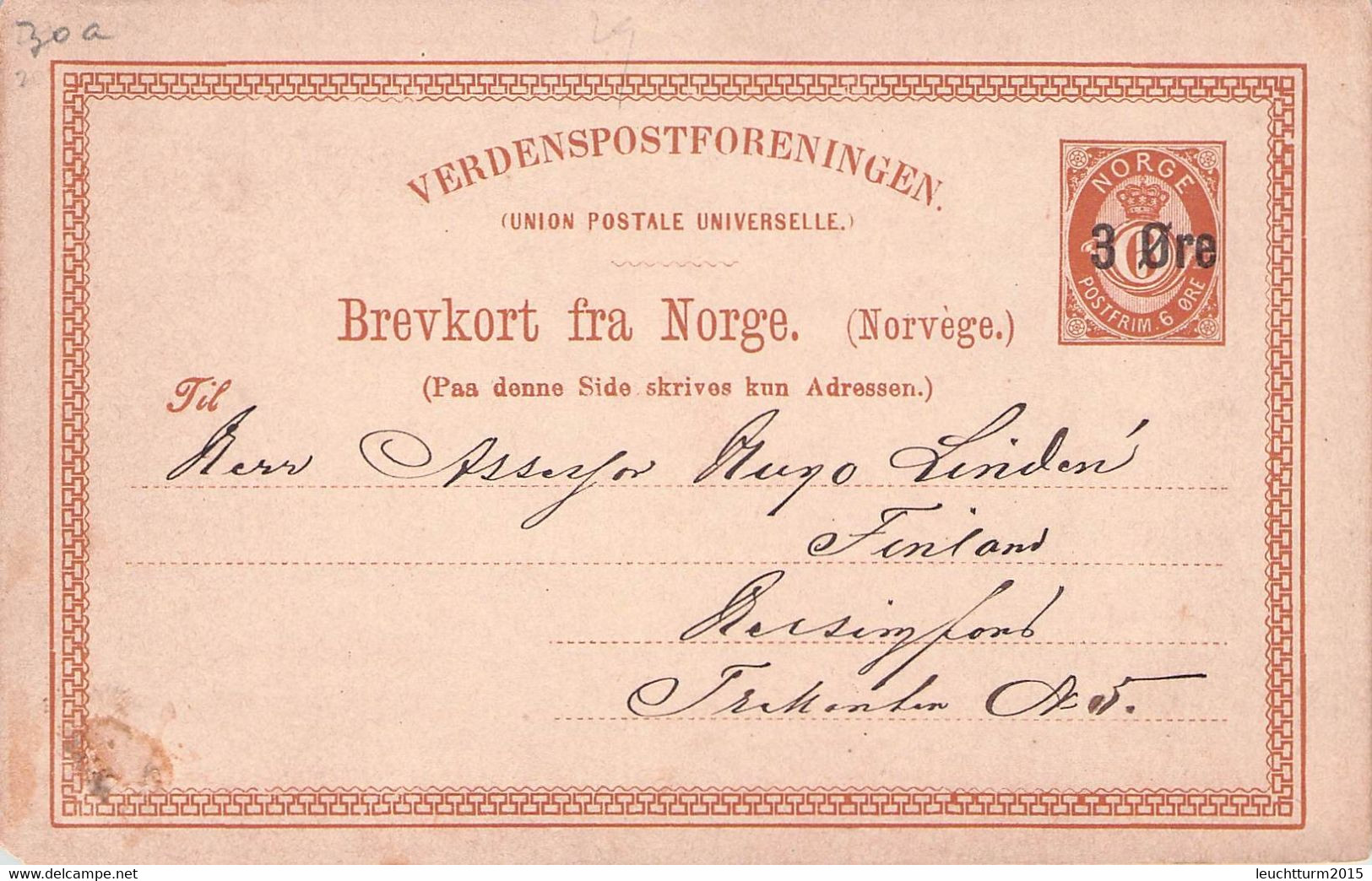 NORWAY - BREV-KORT 3 ÖRE On 6 Ö 1888 > HELSINGFORS Mi #P30 /QF209 - Ganzsachen