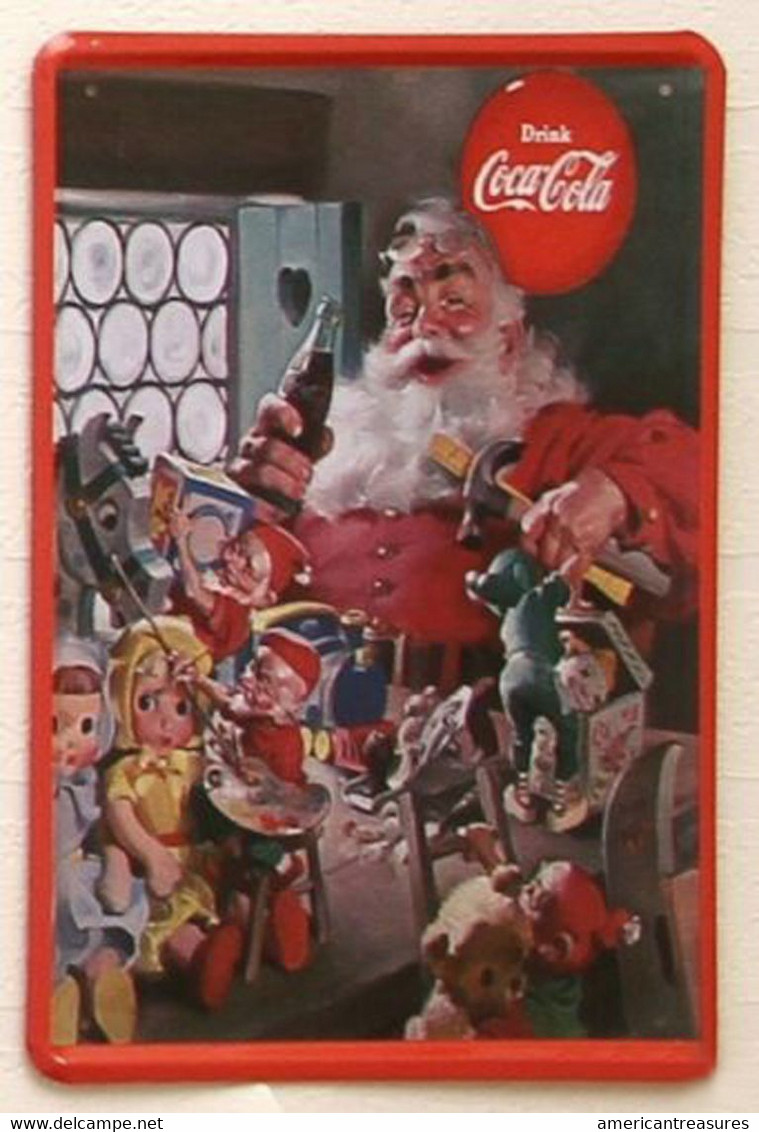 USA Color Retro Style Metal/tin Plate/tray Coca-Cola - 'Santa Claus In Workshop' - 30 X 20 Cm - Emailplaten