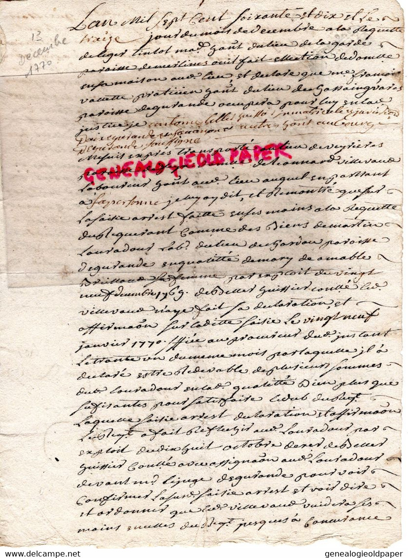 87 - LIMOGES - CACHET GENERALITE 1 SOL ET 3 DENIERS -13 DECEMBRE 1770 - Cachets Généralité