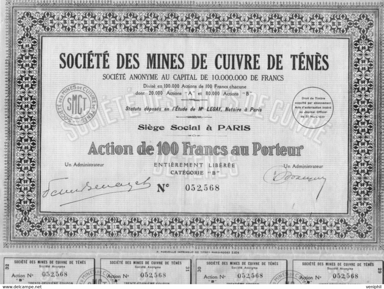 SOCIETE DES MINES DE CUIVRE DE TENES -ALGERIE - ACTION DE 100 FRS - ANNEE 1930 - Bergbau