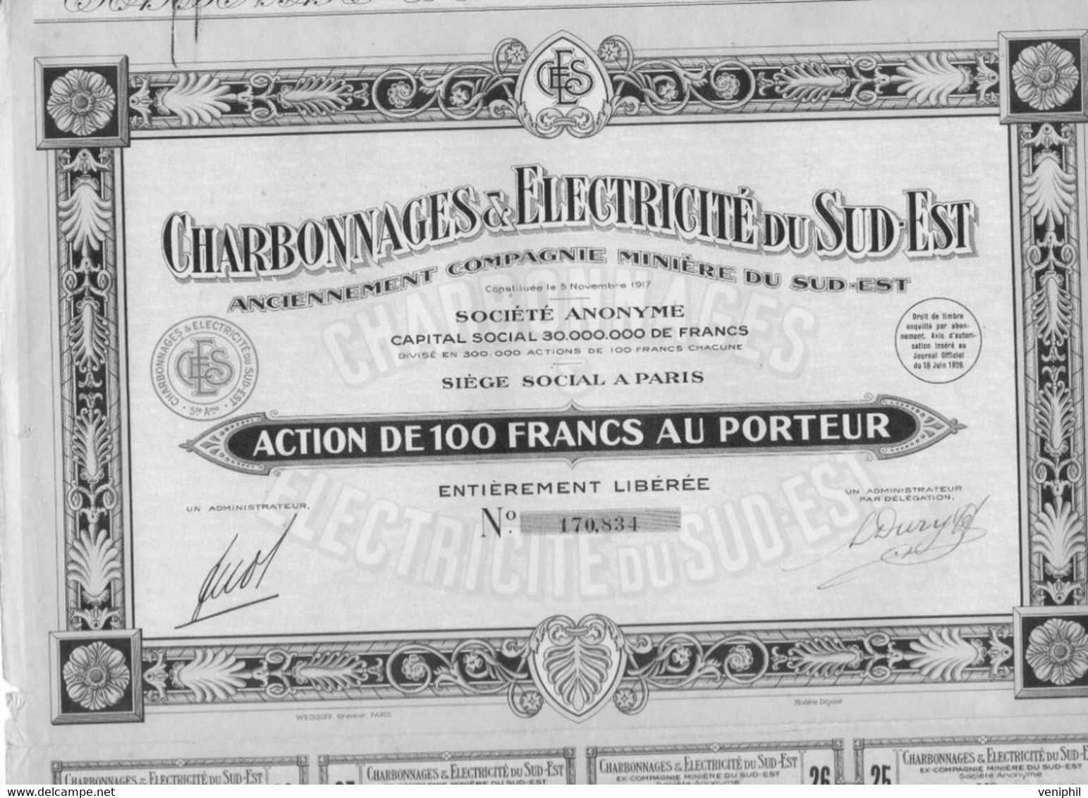CHARBONNAGES -ELECTRICITE DU SUD - EST -ACTION DE 100 FRS -ANNEE 1929 - Mines