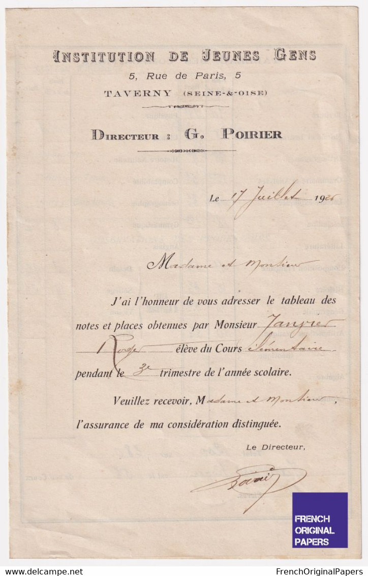 Rare Bulletin Scolaire 1926 Institution De Jeunes Gens Taverny 5 Rue De Paris - G. Poirier - Roger Janvier Guérin C4-13 - Diploma's En Schoolrapporten