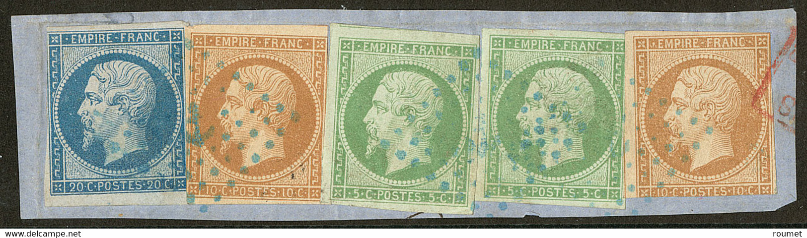 Afft Tricolore à 50cts. Nos 12 (2) + 13B + 14B, Obl Ancre Bleue, Sur Petit Fragment, Pd Ou Def Mais TB D'aspect - 1853-1860 Napoléon III