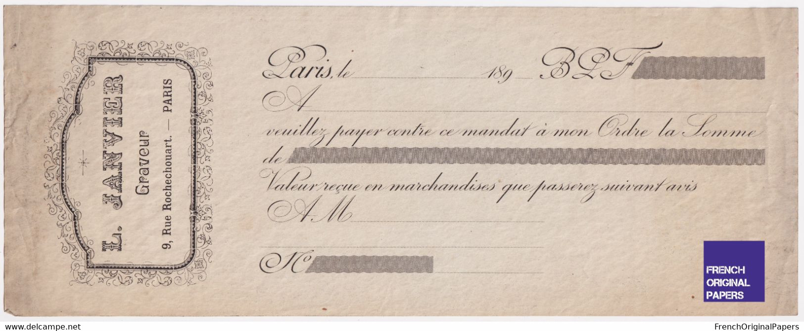 Rare 1890s Lettre De Change - Mandat - Chèque BPF - L. Janvier Graveur 9 Rue Rochechouart Paris Imprimeur Gravure C4-19 - Bills Of Exchange