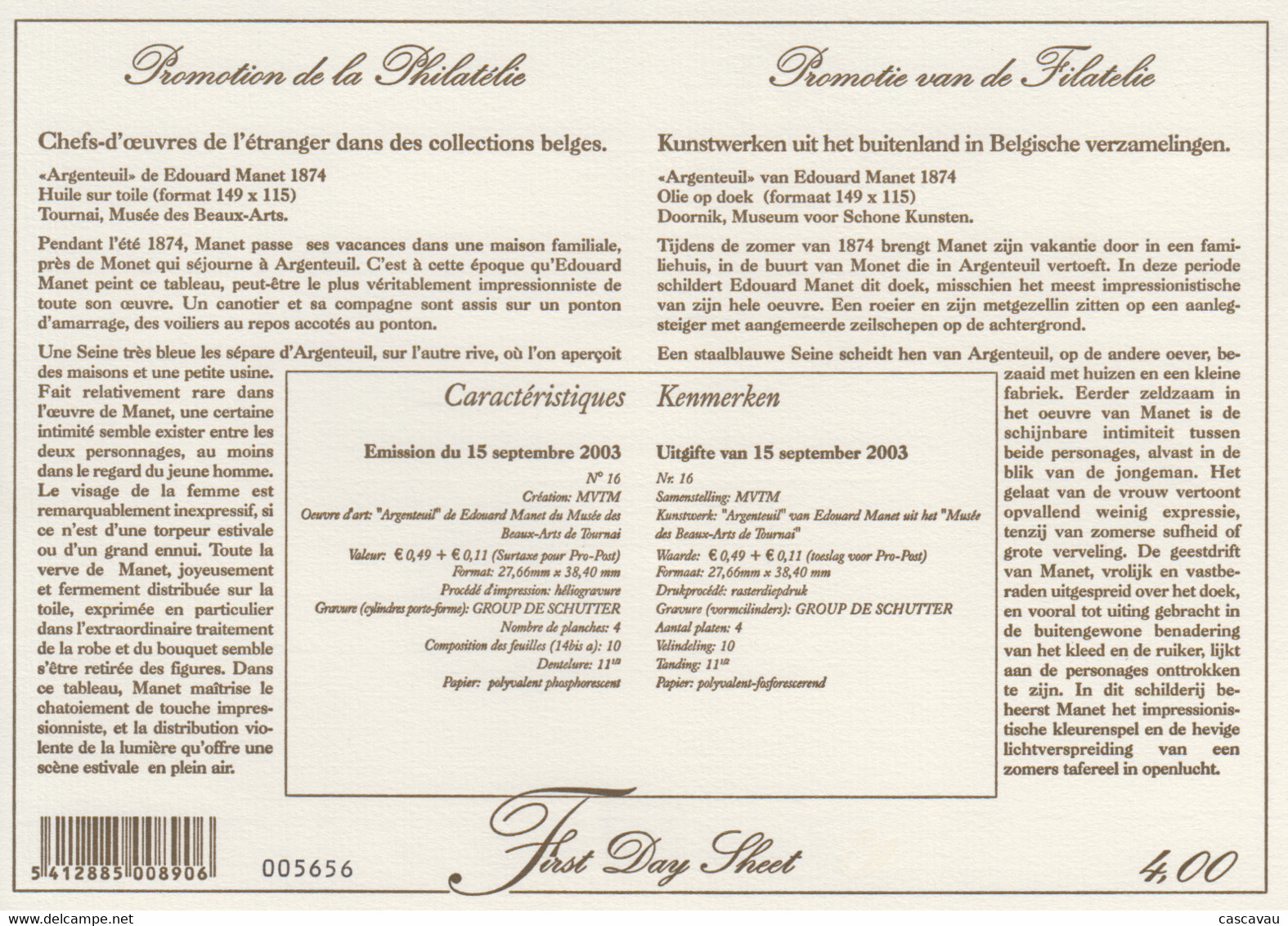 Feuillet   FDC   1er  Jour   BELGIQUE   Oeuvre  De   Edouard   MANET    2003 - Impresionismo