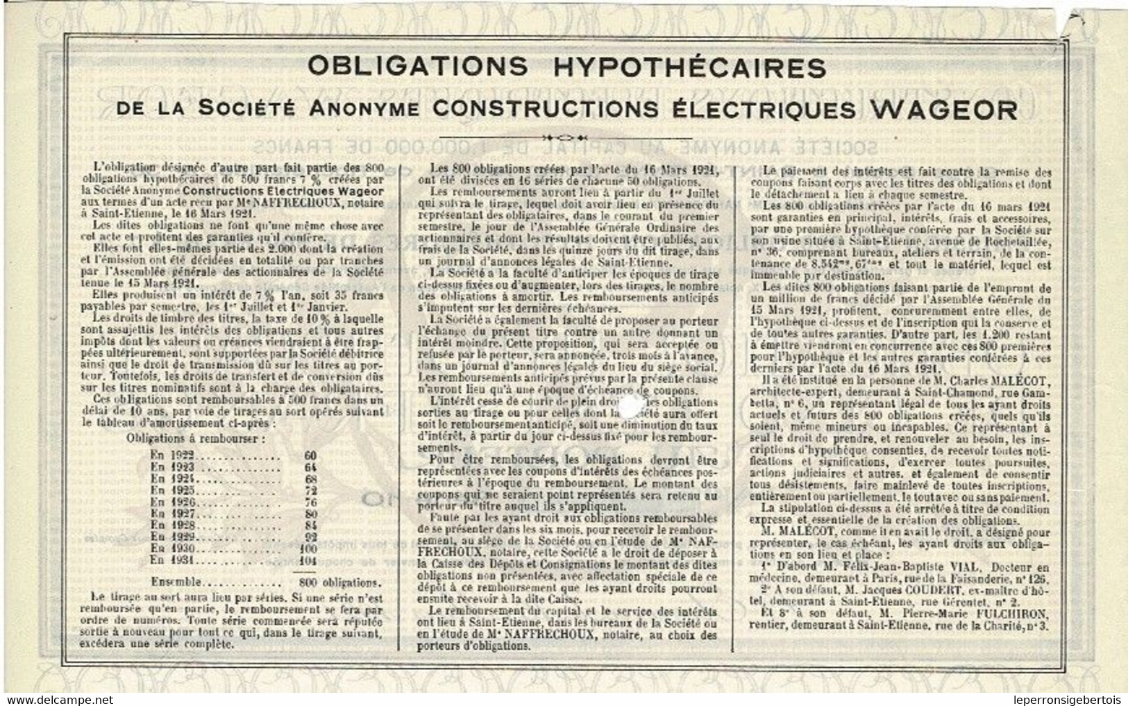 Obligation Ancienne - Constructions Electriques Wageor - Titre De 1921 - - Electricité & Gaz