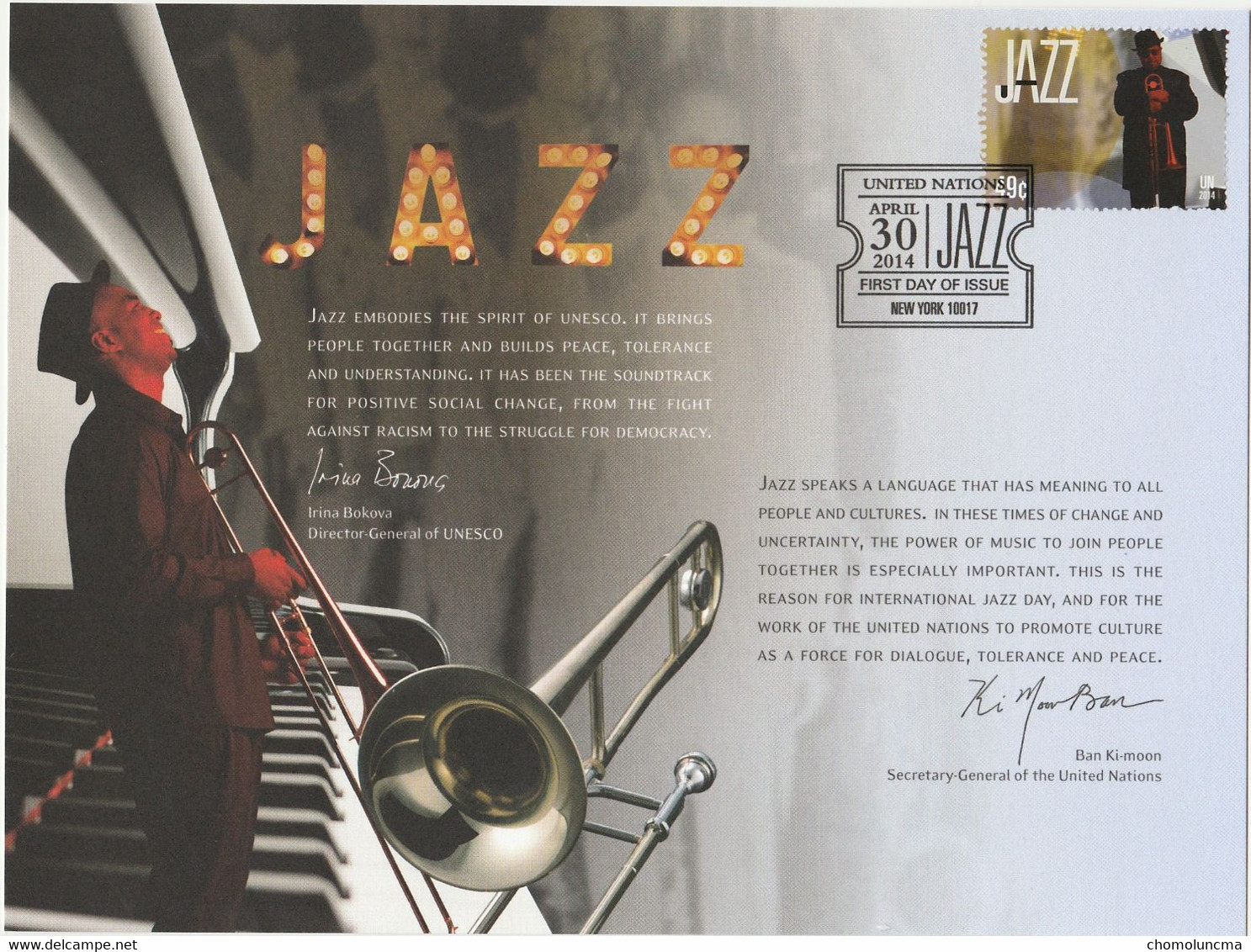 Vereinte Nationen United Nations 2014 FDC International Jazz Day Music Musique Trombonne Piano Posaune Trombón - Maximumkarten