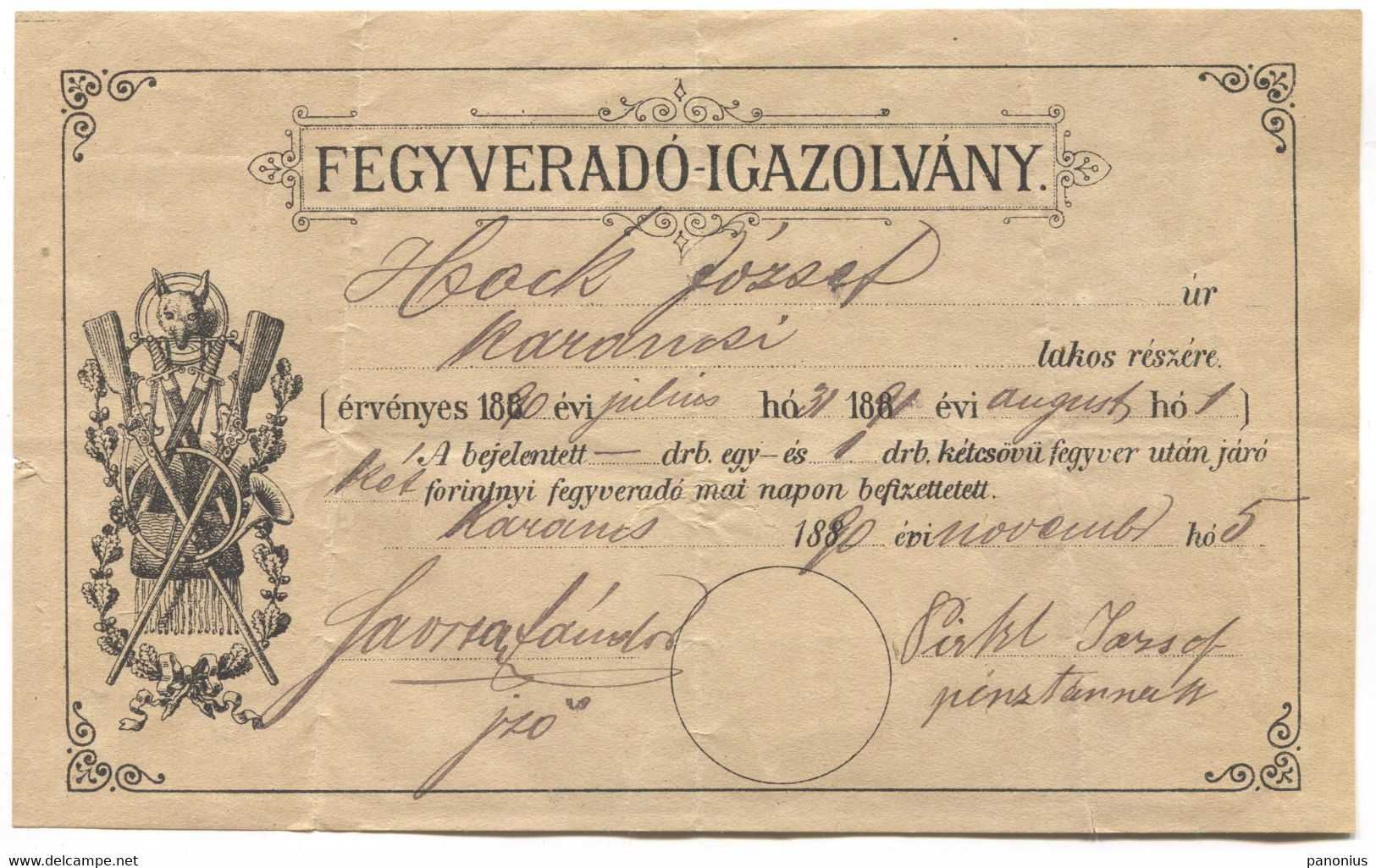 FEGYVERADO - IGAZOLVANY / WEAPON CERTIFIED, HUNT HUNTING HUNGARY, Year 1890. - Historical Documents