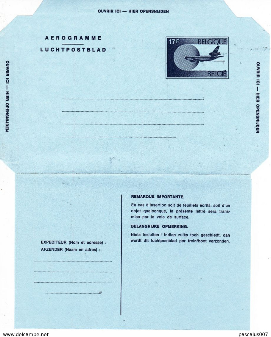 B01-372 Entier Postal - Aérogramme N°20 I (FN) - Sabena - 17 F De 1982 - Luchtpostbladen