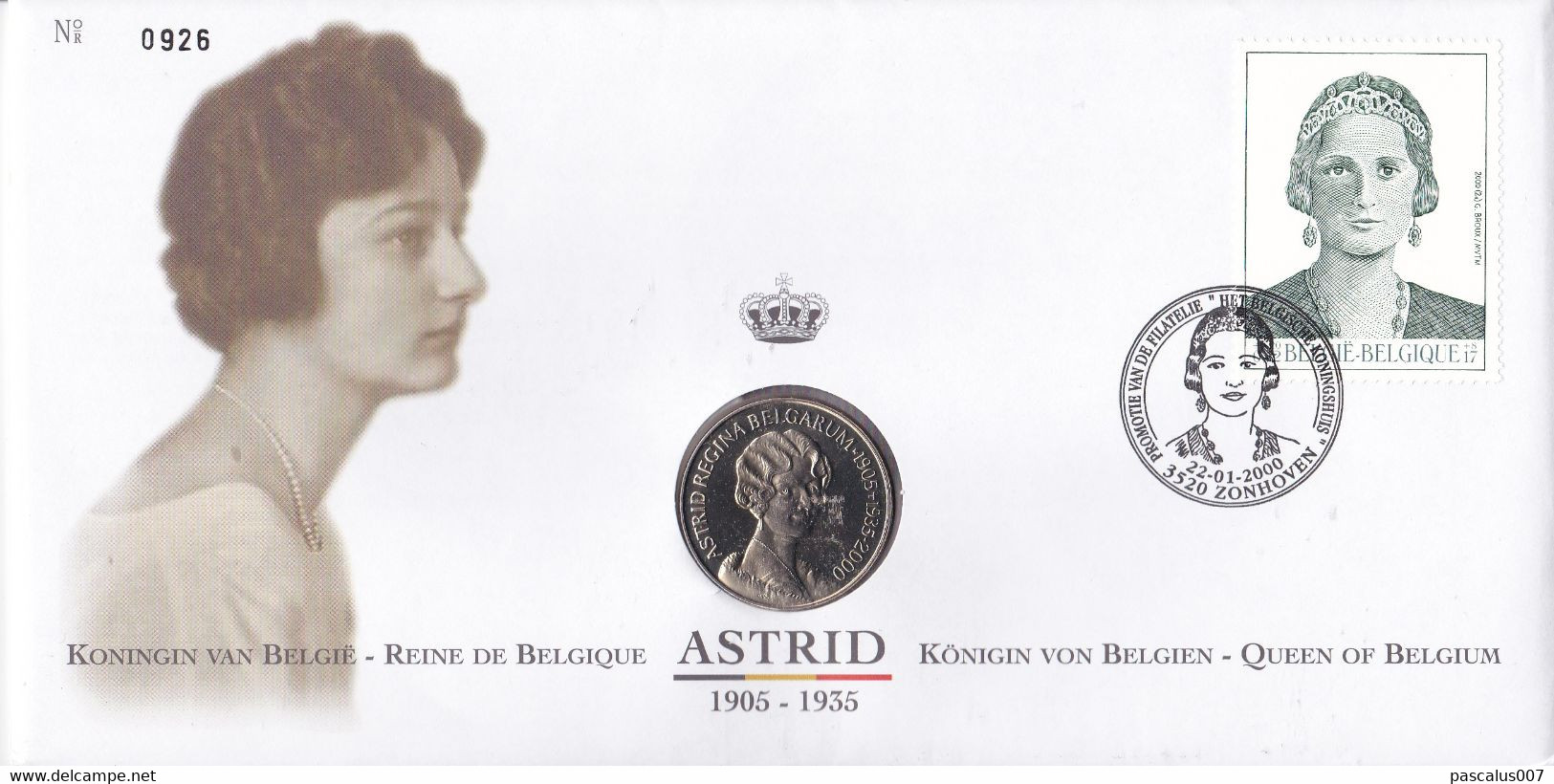 B01-372 2879 FDC Numisletter Dynastie Royal Couronne Reine Astrid Belge 22-01-2000 3520 Zonhoven - Numisletter